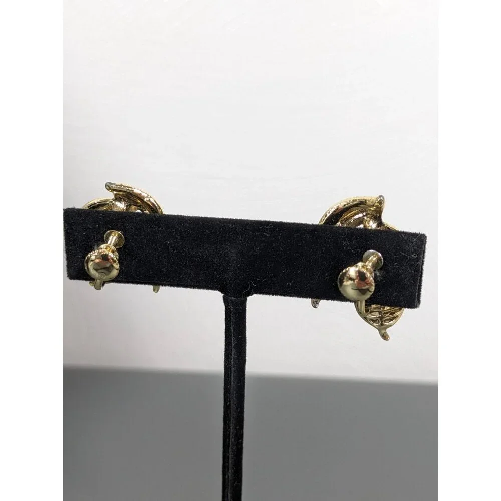 Vintage Gold Tone Double‎ Leaf Screw Back Clip On Earrings Mod Mid Century